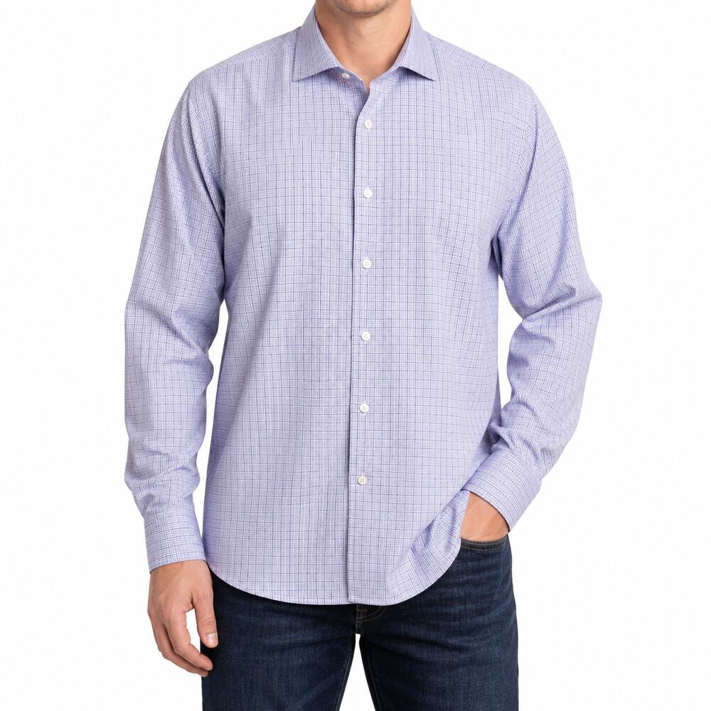 Peter Millar Dress Shirt Mens 15.5 39 Purple White Check Cotton Formal Business